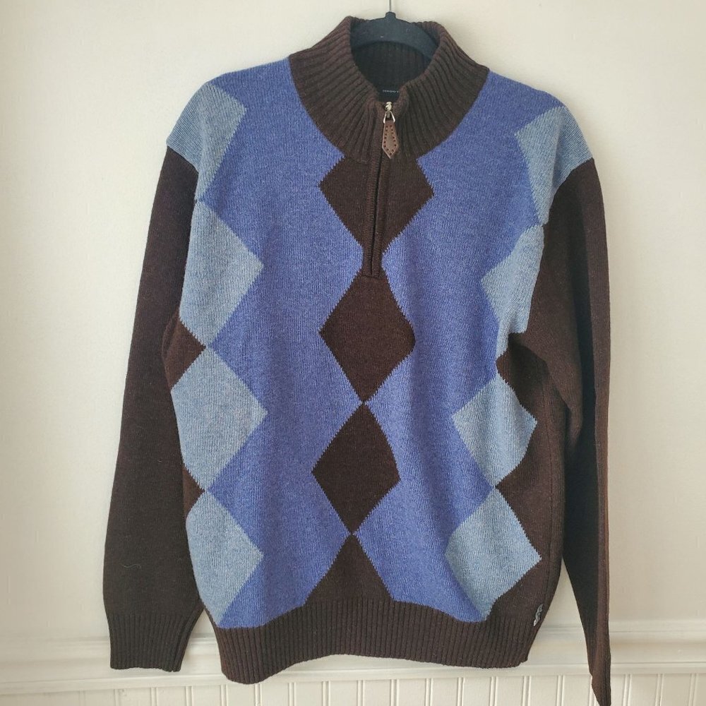Sergio Tachinni Pullover Sweater Wool Blend Quarter Zip Argyle Blue Brown L